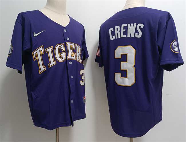 Mens LSU Tigers #3 ylan Crews Purple 2023 Stitched Baseball Jersey Dzhi->lsu tigers->NCAA Jersey